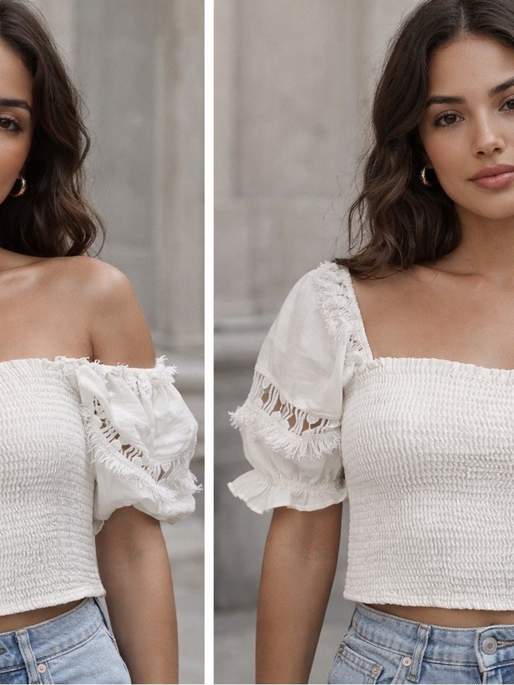Peixoto NWT Off or On Shoulder Smocked Crop Top with Puff Sleeves - White sz L